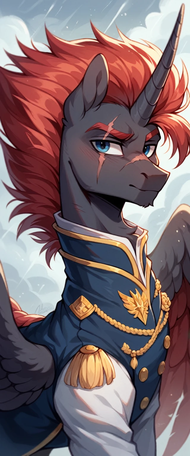 Male alicorn pony, sfw, black fur, dark blue eyes, red stripes, long flowing red hair and tail, scar over left eye, red feathers on wings, thunderstorm butt mark, standing proud, white navy admirals uniform, facing viewer, close-up portrait