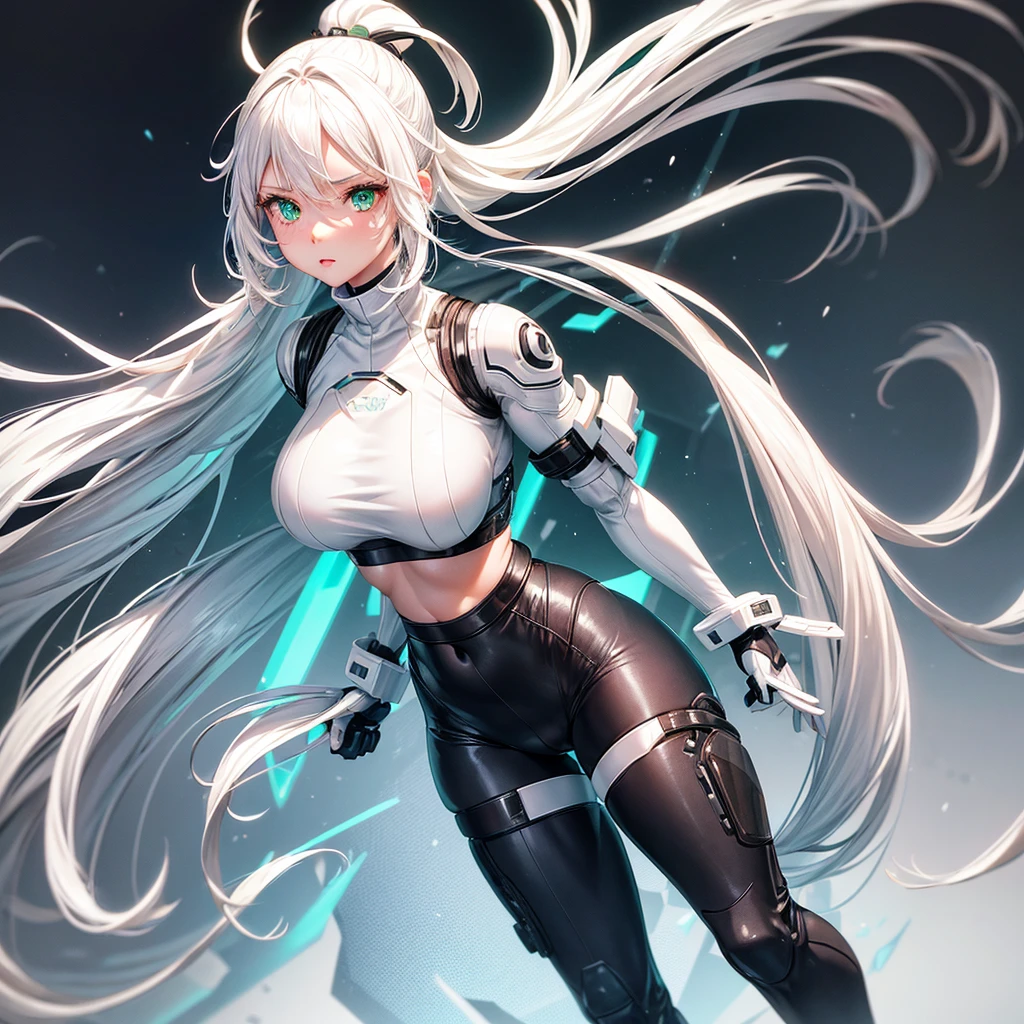 Girl with long ponytail white hair, white and black armor with cyborg gloves leggings white cyborg boots futuristic white sweater showing her belly her breasts are big wide hips brown skin big ass green eyes Japanese woman with freckles and full lips