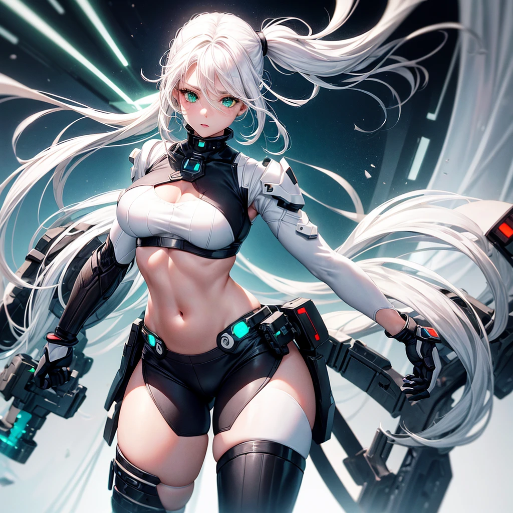 Girl with long ponytail white hair, white and black armor with cyborg gloves leggings white cyborg boots futuristic white sweater showing her belly her breasts are big wide hips brown skin big ass green eyes Japanese woman with freckles and full lips 