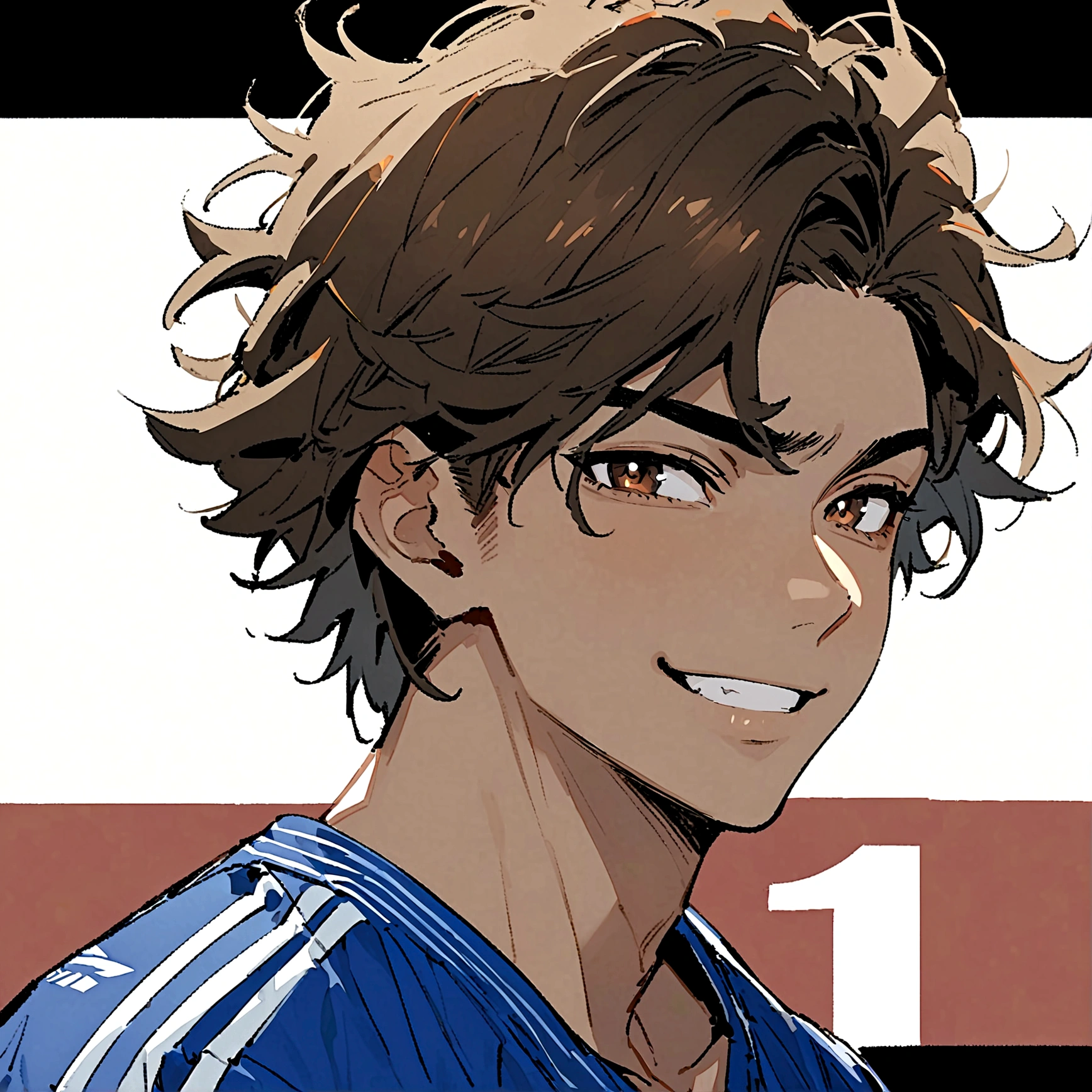 1boy, lion eyes, Vestindo a camisa da seleção da Espanha da Adidas, Sentado no centro do campo, brown eyes, fashionable hair, brown hair, red shirt, number 11, looking at the side, short hair, upperbody, messy hair, detailed eyes, {brown skin}, {smirk}, masterpiece, best quality,