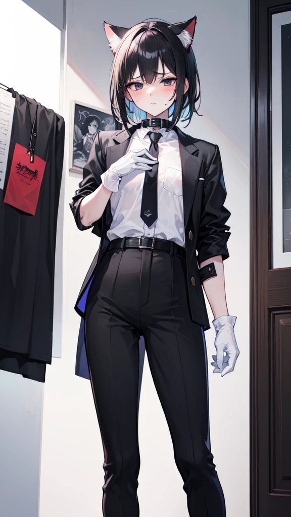 A 18-year-old boy, white and tender skin, cute, wearing white short-sleeved shirt, black jacket and black work tie, black trousers, black booties, white gloves, collar, black hair,wear cat ears, black eyes, thin waist, thin legs, handsome, disdainful and indifferent expression, shy, blush a lot, afraid, sweating, tired, pornography, Pornographic action