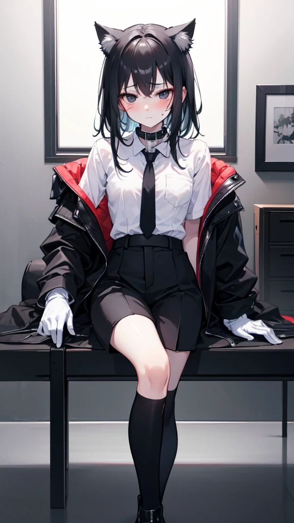 A 18-year-old boy, white and tender skin, cute, wearing white short-sleeved shirt, black jacket and black work tie, black trousers, black booties, white gloves, collar, black hair,wear cat ears, black eyes, thin waist, thin legs, handsome, disdainful and indifferent expression, shy, blush a lot, afraid, sweating, tired, pornography, Pornographic action