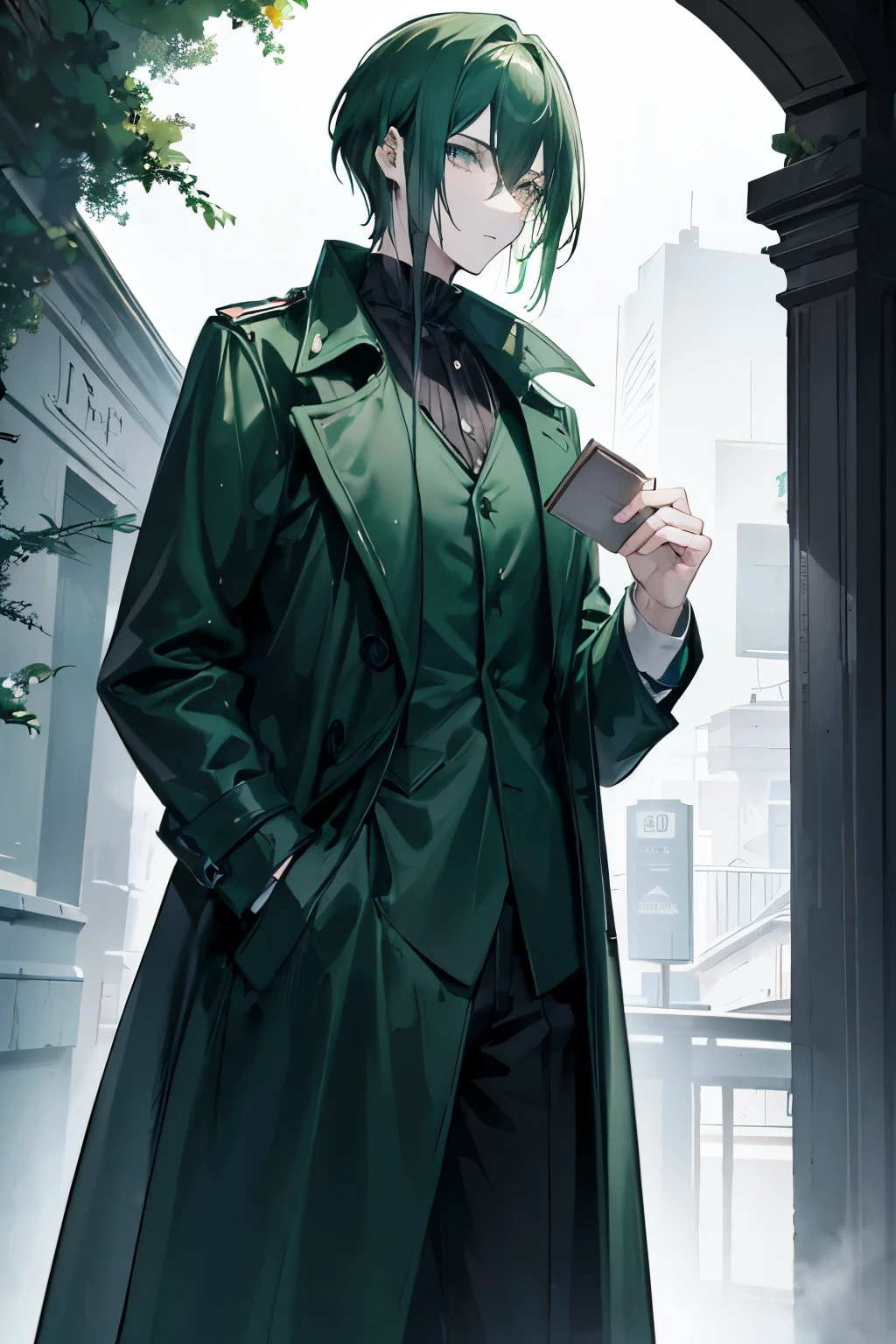 Male about 27 years old A tall, slender man, dark green hair, wearing a dark green raincoat or jacket Character: Cultured, well-read, smart Looks world-weary and alcoholic 