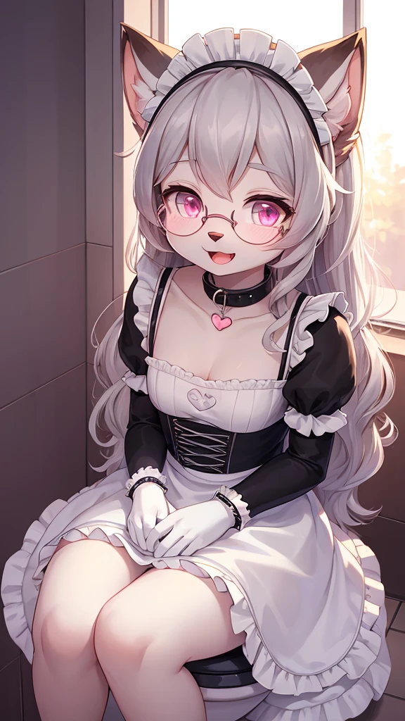 Girl with pink cat ears, Cat's tail, Glasses, Long silver hair, Bell Collar, Pink and white maid clothes, and white stockings