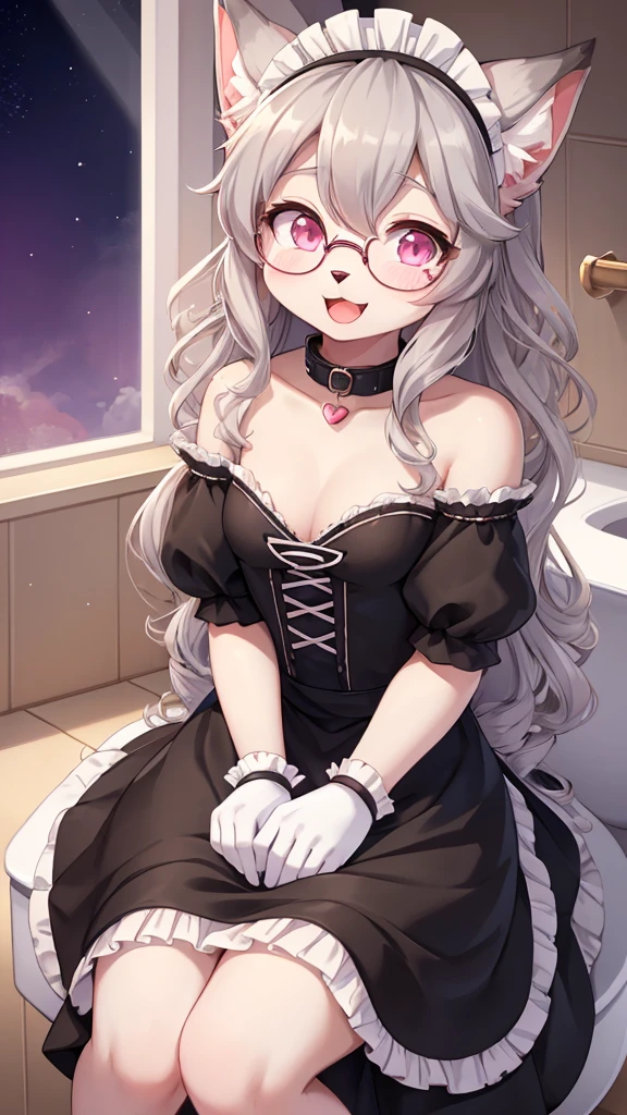 best quality,Optimal resolution,(Fluffy anthropomorphic furry :1.6),(young :1.6),Catwoman,Small Breasts,Light grey hair,Long hair,curls,Curly hair,Light grey fur,Pink Eyes,Sparkling eyes,Shining eyes,Round glasses,Sweetheart collar,maid outfit,Maid headdress,Maid gloves,Ruffles,美丽的咖啡馆的bathroom,White light,Full flush,face,Smile,heart shape eye,Heart shaped eyes,open mouth,Straddle Viewer,Heavy breathing,bathroom，Sitting on the toilet