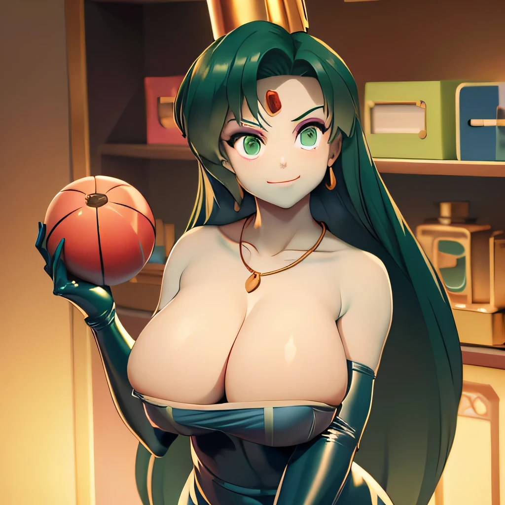 (masterpiece,best quality,ultra-delicate,Perfect Face,16k,high resolution,very beautiful woman), Atsugessho:1.3,deep green hair,blue latex bodycon dress, long latex gloves, green tights, (huge breasts,sensual pose), gold headpiece, pale blue skin, red gem on forehead, pink mist, ((cosmetics counter)), holding large red ball on rope, necklace, smirk, (extremely glossy),cowboy shot