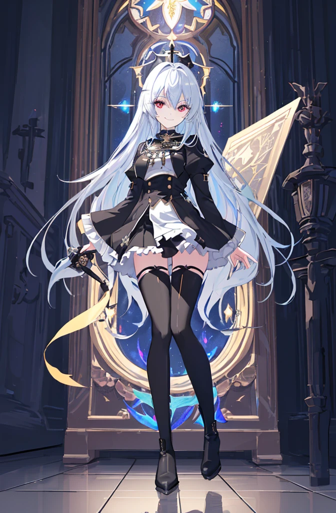 [(cathedral background:1.4)::5],original,(illustration:1.1),(best quality),(masterpiece:1.1),(extremely detailed CG unity 8k wallpaper:1.1), (colorful:0.9),(mid shot:0.95),(full body:1.5),Dynamic angle,(solo:1.2), (girl),(((adult))), (detailed beautiful eyes:1.15), (beautiful face:1.15), (glowing black eyes:1.25////),(blue long hair),(+perfect hand+:1.21),(Draw an illustration of a holy knight wizard),(Religious),(slender),(is wearing boots on her feet),((is wearing black thighhighs)),smile,(frilled mini skirt with metal decorations),beautiful slender adult,