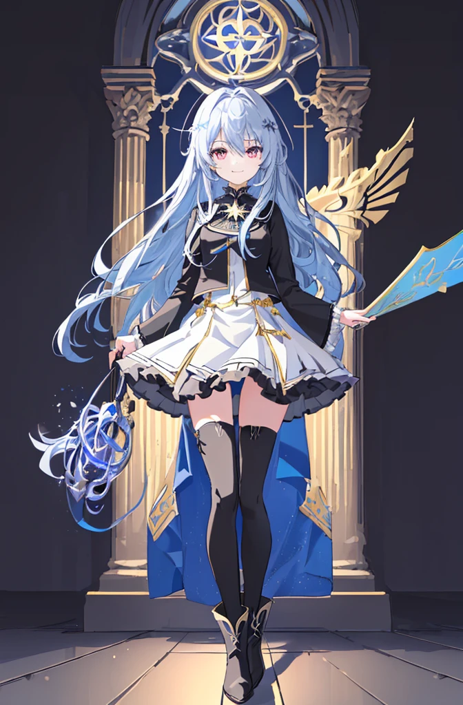 [(cathedral background:1.4)::5],original,(illustration:1.1),(best quality),(masterpiece:1.1),(extremely detailed CG unity 8k wallpaper:1.1), (colorful:0.9),(mid shot:0.95),(full body:1.5),Dynamic angle,(solo:1.2), (girl),(((adult))), (detailed beautiful eyes:1.15), (beautiful face:1.15), (glowing black eyes:1.25////),(blue long hair),(+perfect hand+:1.21),(Draw an illustration of a holy knight wizard),(Religious),(slender),(is wearing boots on her feet),((is wearing black thighhighs)),smile,(frilled mini skirt with metal decorations),beautiful slender adult,