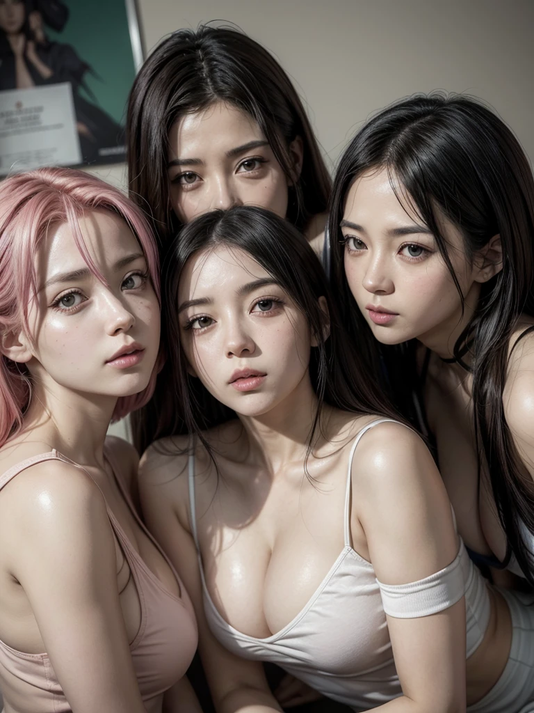 three sexy 13-year-old teenager young pairs of breasts, exposed, bare, naked. high quality, masterpiece, perfection. Kissing passionately. Groping breasts. Masturbating. Grabbing crotch. Fingering. ((colorful hair colours))