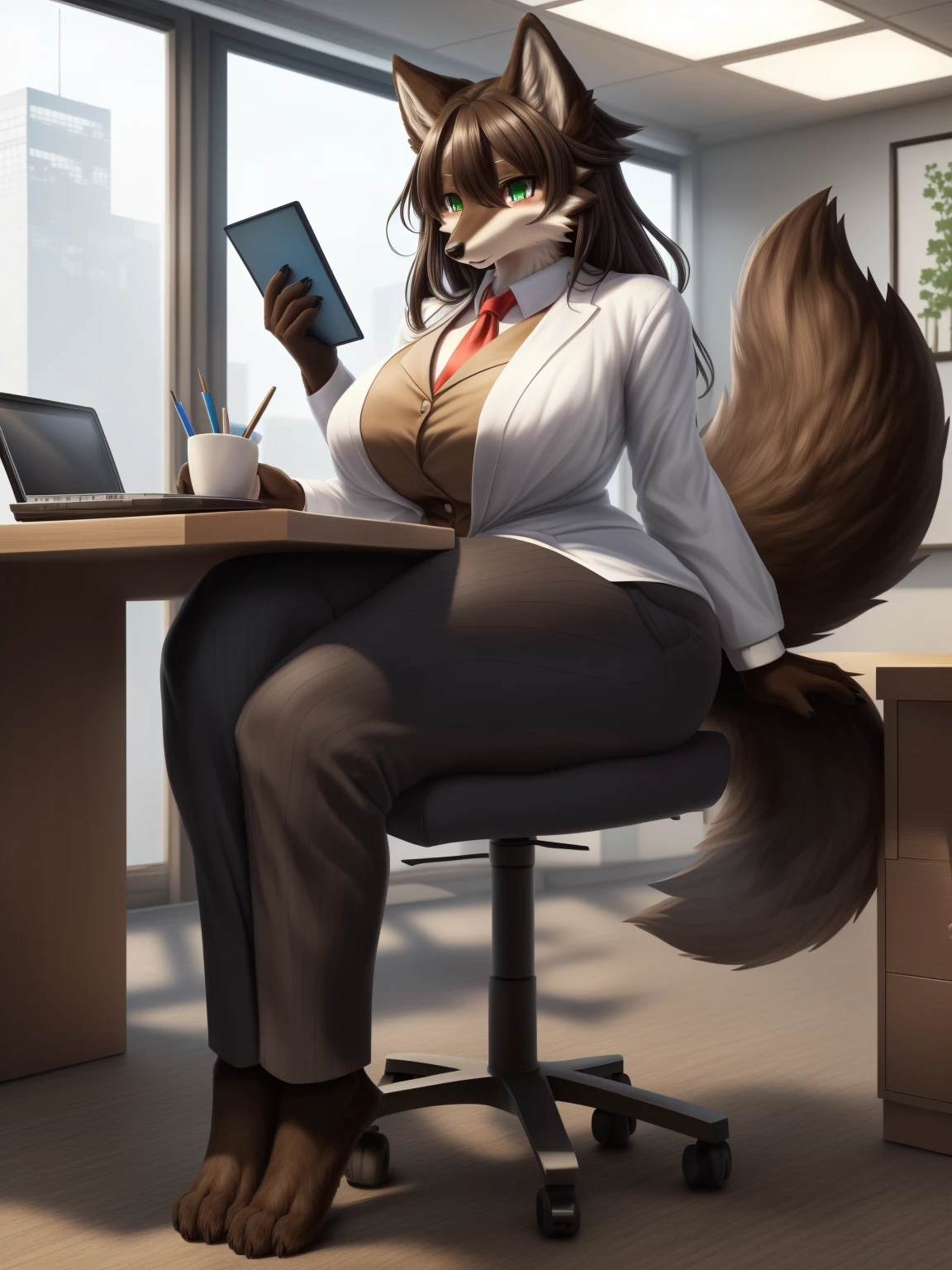  (8K, Masterpiece, high resolution, super fine illustration:1.3), (mature, mannish, cool:1.35), fluffy, green eyes, perfect anatomy, detailed background, (solo, dark brown fur, 1 female wolf kemono:1.5), at office, (business suit, jacket, pants, blouse:1.25), (sitting, working, using computer:1.25), (thicc, fat, plump:1.2), (thick thighs, big ass:0.95), navel visible, (huge breasts, topheavy), (from side:1.35)