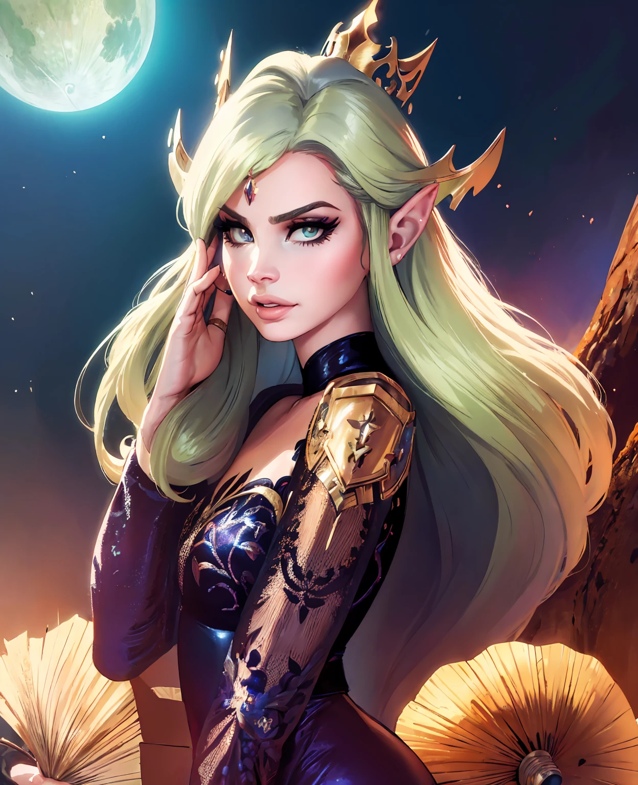 a high elf woman, Lana del rey, ethereal face, striking eyes, long elegant neck, long flowing hair, intricate crown, ornate elven jewelry, elegant robe, graceful pose, fantasy landscape, moonlit night, glowing mushrooms, mystical atmosphere, (best quality,4k,8k,highres,masterpiece:1.2),ultra-detailed,(realistic,photorealistic,photo-realistic:1.37),cinematic lighting,dramatic colors,digital painting,concept art style