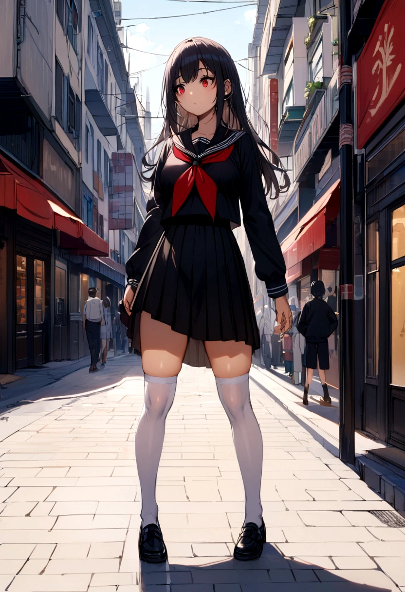 a girl with long black hair, light skin, red eyes, medium sized tits wearing a black sailor fuku and white stockings while standing in the middle of the city.