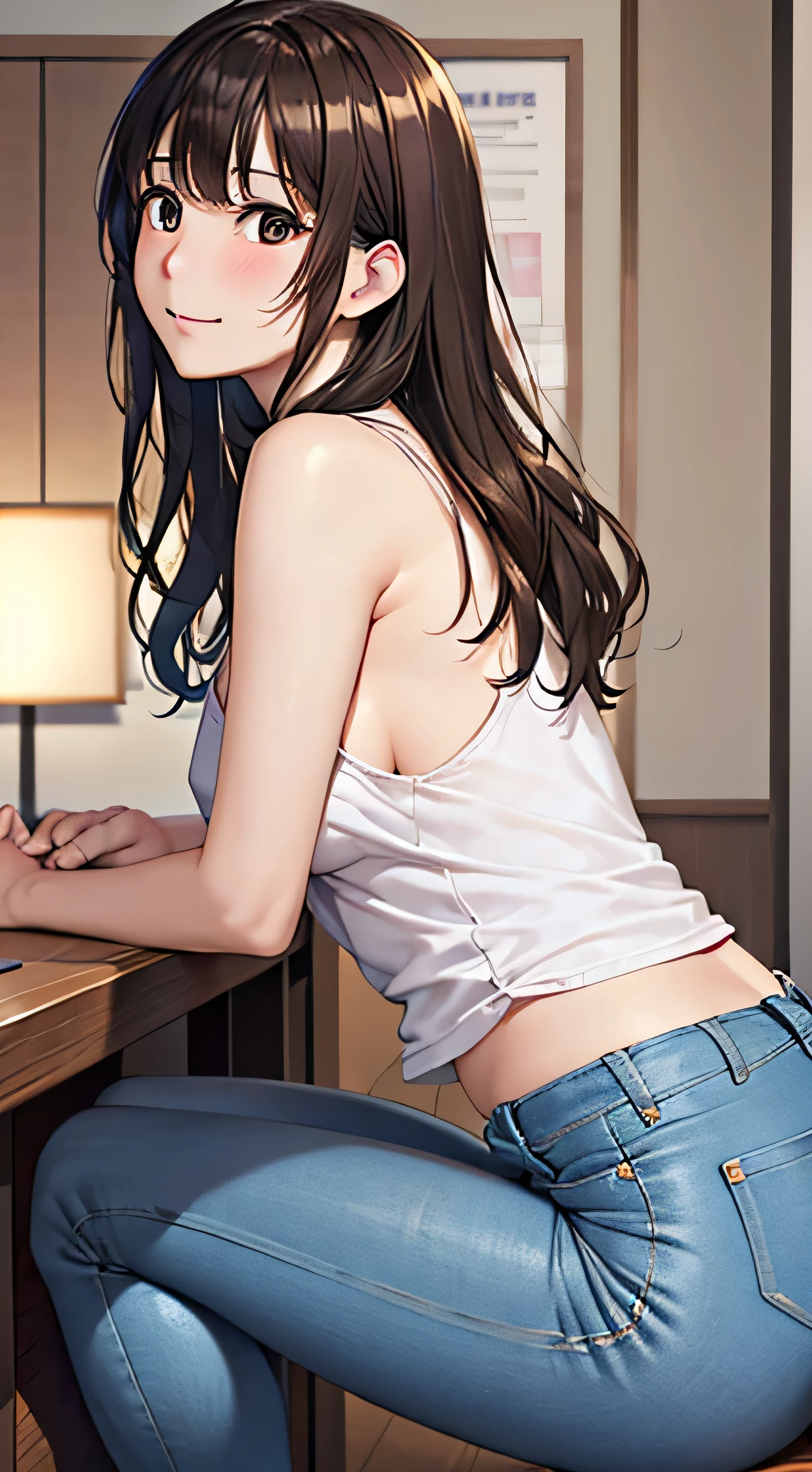 ((Tabletop, Highest quality, High resolution, , Pixel Perfect, 4K,))), 1 female, 、The whole body is visible、 ((Long Wavy Hair, bangs, Brown Hair)), ((Brown eyes, Beautiful eyelashes, Realistic eyes)), ((Detailed face, Blushing:1.2)), ((Smooth texture:0.75, Realistic texture:0.65, Realistic:1.1, Anime CG Style)), Medium sized breasts, Dynamic Angle, Perfect body, (( , , White camisole、No bra、、 Tight jeans pants、Take off your pants below your knees、、、)), Gold Hair Ornament、Cross Necklace、、Very embarrassing panic smile, 、、、、、Leaning forward、Nipples are slightly visible、Sideboob、、Place both hands on the wall and stretch your arms out、Stick your butt out、Luxury apartment kitchen、、、、、、 、)、
