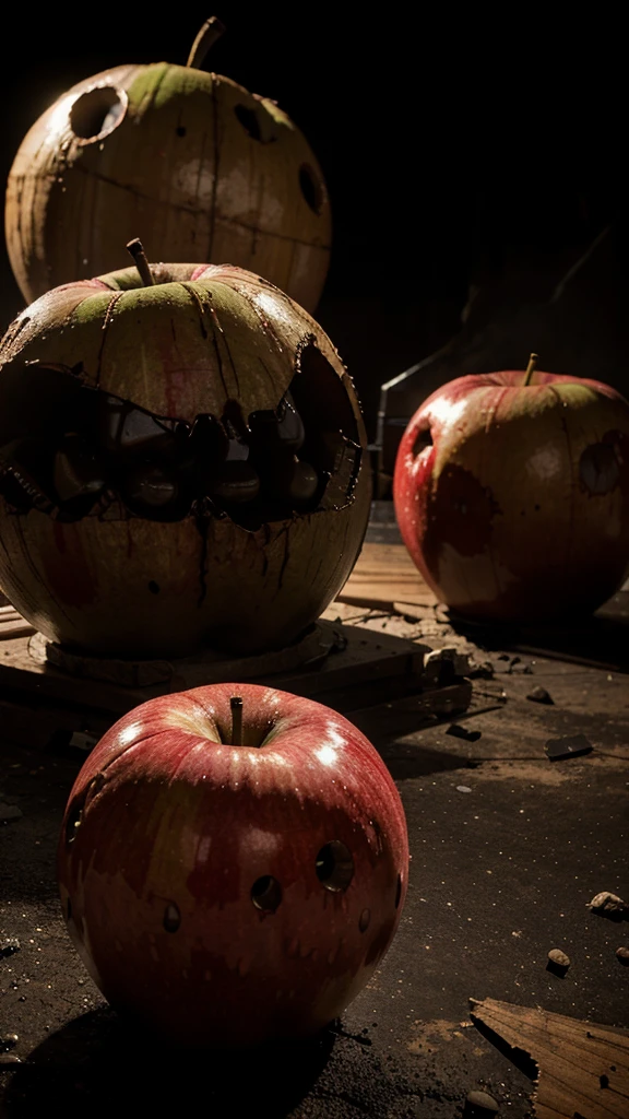 A scary monster apples in the shape of a bomb with a background of explosions extream in a laboratory