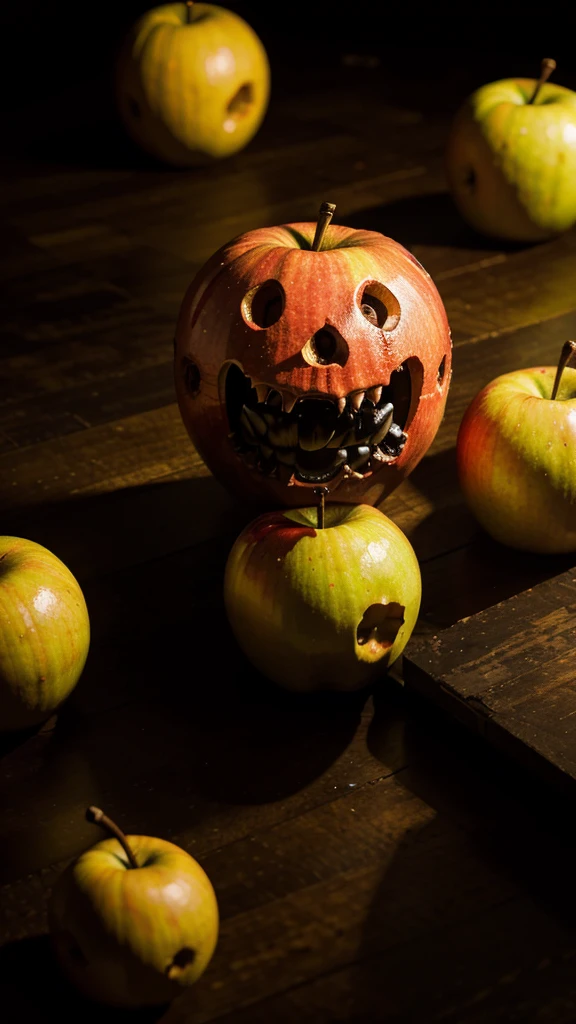 A scary monster apples in the shape of a bomb with a background of explosions extream in a laboratory