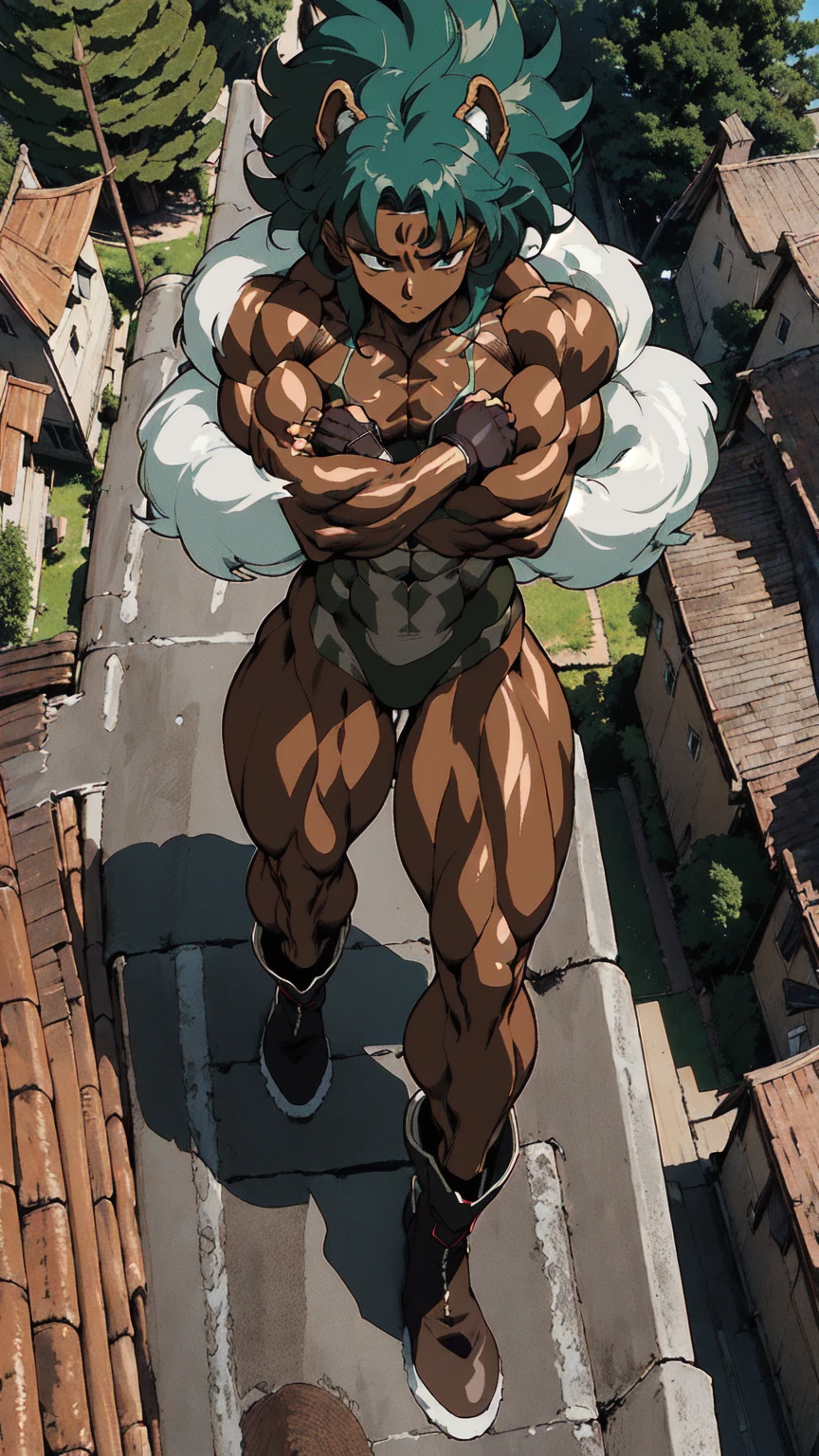 (athletic muscular body), {{{(((african american)))}}}, {{{((( (glossy) (smooth) ((dark brown skin)) )))}}}, (((pro wrestler))), (((kunoichi))), {{{(((24-year-old)))}}}, {{{(((young woman)))}}}, (((tomboy))), (((stoic))), (((bored))), (((emotionless))), (((wolflike))), ( (messy) (curly) (((long))) (dark mint green hair) ), (big intense (silver eyes) ), (small breasts), toned abs, {{{(((strong leg muscles)))}}}, toned biceps, toned forearms, toned deltoids, toned triceps, toned erector spinae, toned rhomboids, toned hamstring muscles, firm muscular glutes ,{{{(((strong back muscles)))}}}, (((thick muscular trapezius))), (((big muscular latissimus))), toned quadriceps, toned gastrocnemius, toned soleus, amazing ass, (((character wearing a (skintight long sleeve (brown with some gray) (fur bodysuit) ) ))), (((knee pads))), (((fingerless gloves))), (((combat boots))), {{{(((folding her arms)))}}}, {{{(((lush fantasy ancient forest (village) )))}}}, {{{(((standing on the roof of a house )))}}}, {{{(((great anatomy)))}}}, {{{(((high muscle mass)))}}}, {{{(((well-trained muscles)))}}}, {{{(((well-toned muscles)))}}}, {{{(((best quality)))}}}, {{{(((masterpiece)))}}}, {{{(((full shot of character)))}}}, {{{(((90s anime)))}}}