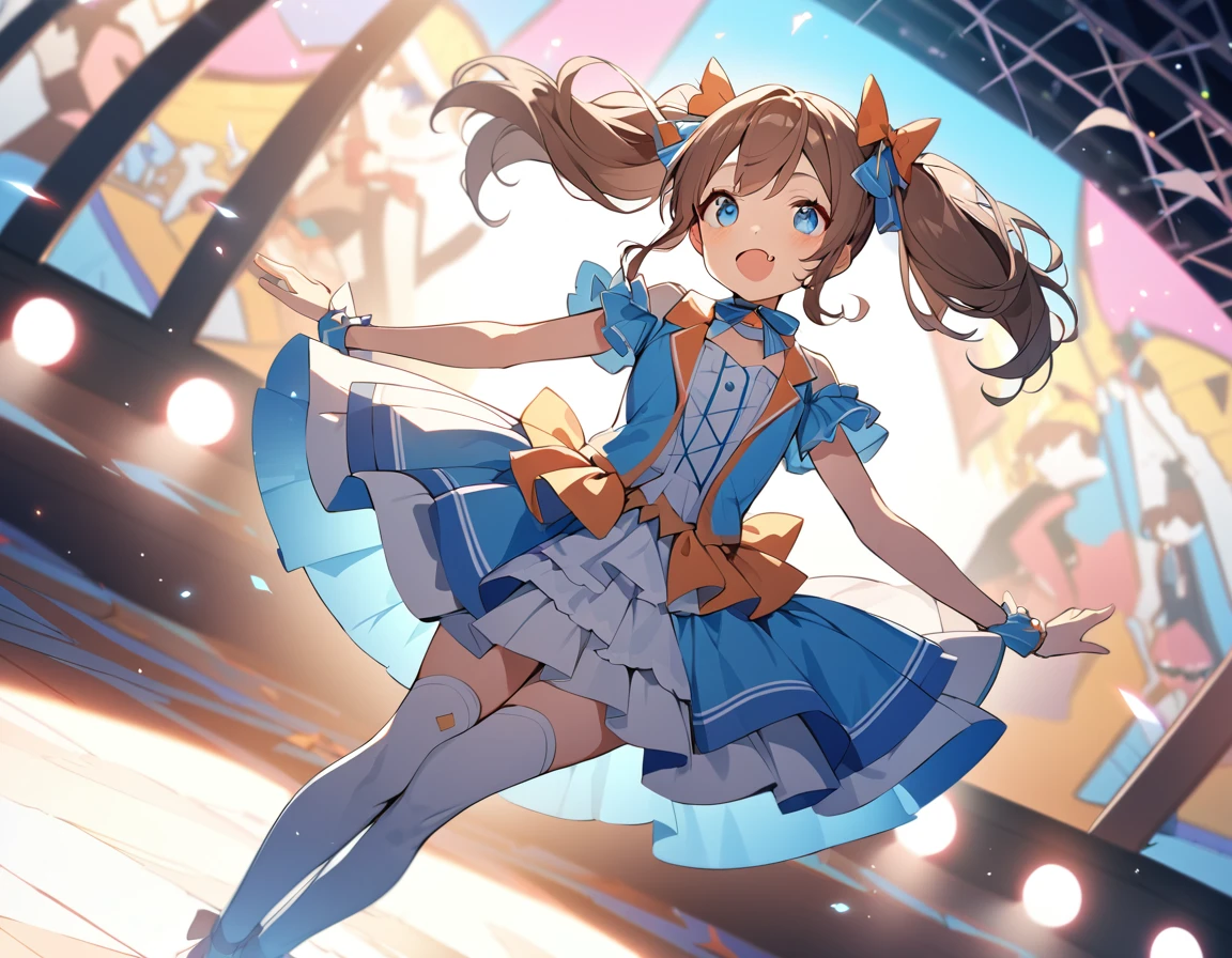 BREAK Perfect Anatomy、(High resolution:1.2)、Incredible illustrations、(Cute illustrations:1.2)、()(cinematic angle,very wide shot,dynamic angle,) 
（Beautiful background（premium stage) single focus,)
1girl(brown hair,Low long twin tails (blue eyes,faint lips,fang,;D)idol costume)
sing and dance:1.4
