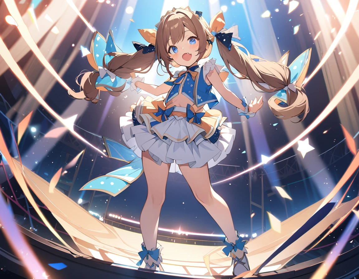 BREAK Perfect Anatomy、(High resolution:1.2)、Incredible illustrations、(Cute illustrations:1.2)、()(cinematic angle,very wide shot,dynamic angle,)
(Beautiful background(premium stage) single focus,)
1girl(brown hair,Low long twin tails (blue eyes,faint lips,fang,;D)idol costume)
sing and dance:1.4