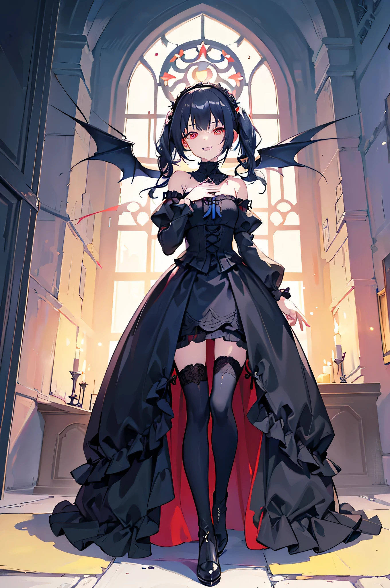 [(church background:1.4)::5],Original,(Illustration:1.1),(Best Quality),(masutepiece:1.1),(the Extremely Detailed CG Unity 8K Wallpapers:1.1), (Colorful:0.9),(mid-shot:0.95),(Full body:1.5),Dynamic Angle,(Solo:1.2), (girl),((Adult)), (Detailed beautiful eyes:1.15), (Beautiful face:1.15), (Glowing red eyes:1.25////),((dark blue long hair)),(Blunt bangs),(low twintails),(+perfect hand+:1.21),(Draw an illustration of a gothic girl),(Religious),(slender),(she has boots on her feet),((Wearing a black dress)),(Furious), Lace Off Shoulder Lolita Fashion,Beautiful slender woman,((Evil smile)),Dark blue short hair,Dark blue short hair,Laugh,evil smile,mini skirt,short hair,short mini skirt,mini skirt,