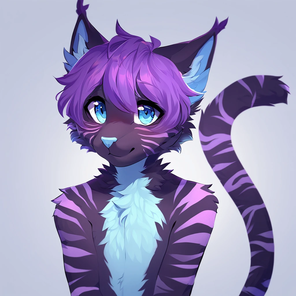 adult, feline, mammal, anthro, anthromorphic, cat, striped, fur, furred_anthro, femboy, male, dark_blue, ear_tufts, paws, hair_tuft, hair_between_eyes, long_tail, fluffy, expressive_eyes, purple_hair, light, galaxy_fur, looking_at_viewer, light_blue_chest, shy, small_pupils, spotted_pattern, stripes, digital_art, high_resolution, high_res, background shy, head_visible, neck_visible, profile_picture, seductive_face