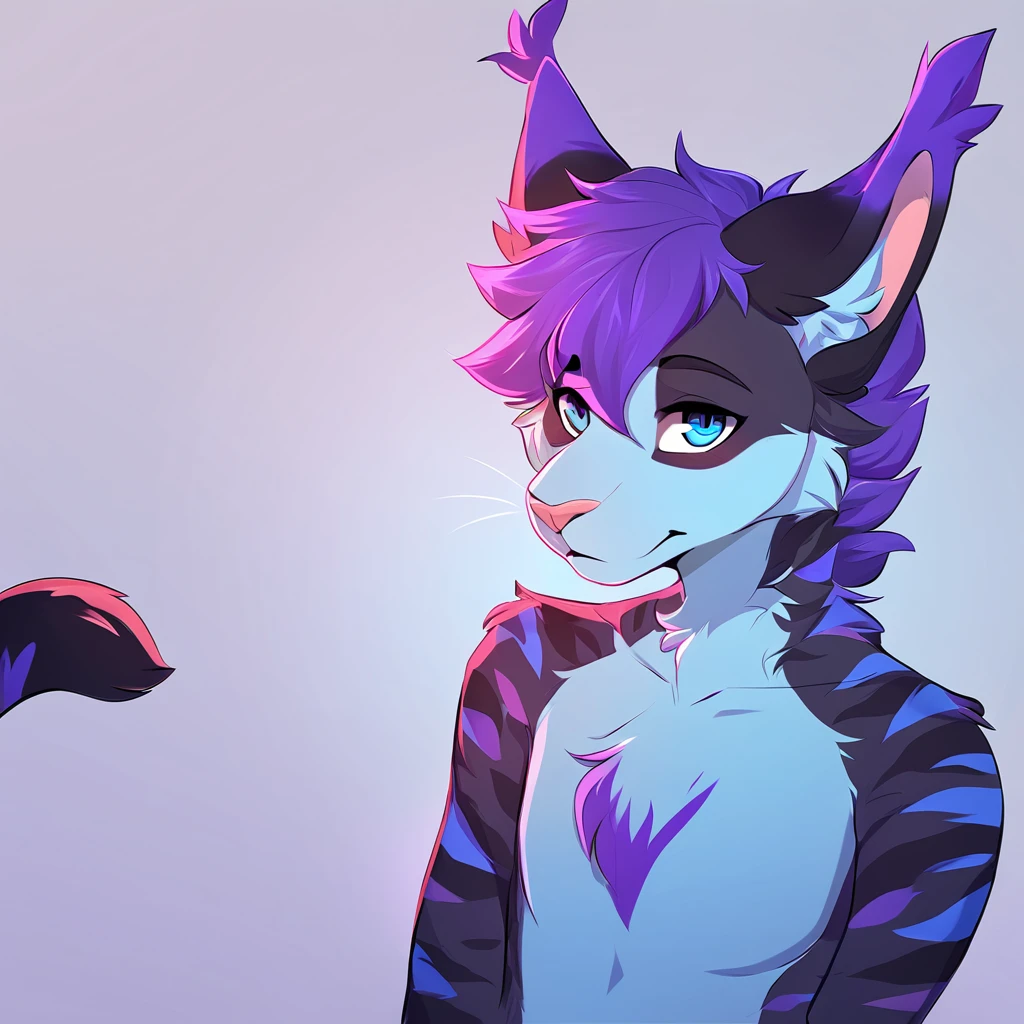 adult, feline, mammal, anthro, anthromorphic, cat, striped, fur, furred_anthro, femboy, male, dark_blue, ear_tufts, paws, hair_tuft, hair_between_eyes, long_tail, fluffy, expressive_eyes, purple_hair, light, galaxy_fur, looking_at_viewer, light_blue_chest, shy, small_pupils, spotted_pattern, stripes, digital_art, high_resolution, high_res, background shy, head_visible, neck_visible, profile_picture, seductive_face
