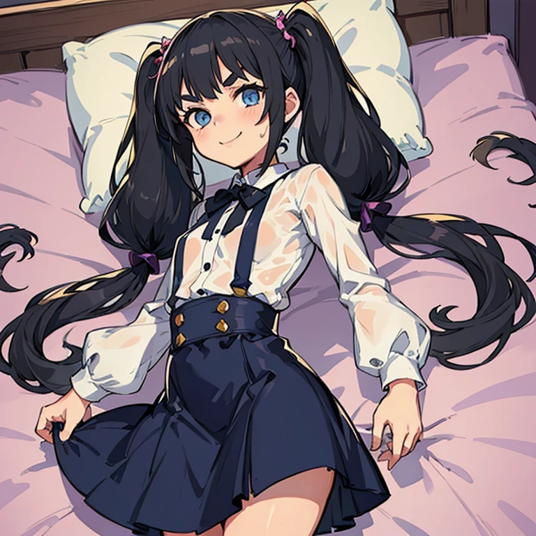 Young girl with black hair, long twintail,  twintail hairstyle, (blue eyes),, ((small bushy eyebrows)), wearing gothic lolita clothing, lolicon , walking to school, flirty smile, , lifting her skirt to show her vagina wet with semen, having sex