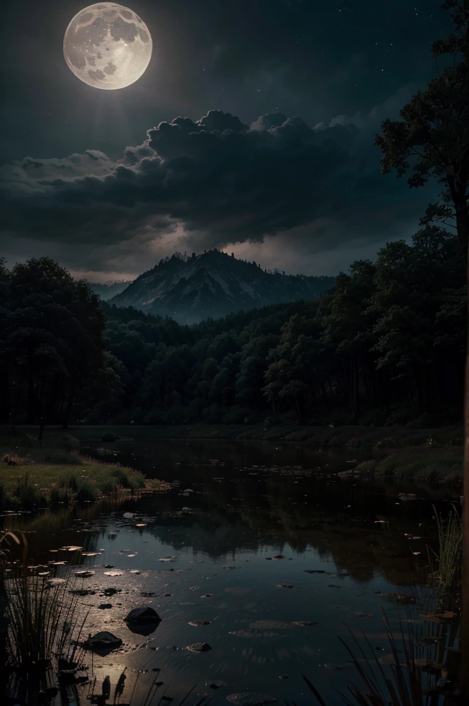 a magical night landscape, a large detailed moon in the sky, glowing moonlight, a fantasy forest, fireflies, a small cottage, dazzling stars, dark cloudy sky, serene atmosphere, dramatic lighting, detailed textures, vibrant colors, (best quality,4k,8k,highres,masterpiece:1.2),ultra-detailed,(realistic,photorealistic,photo-realistic:1.37),fantasy landscape,dramatic lighting,moody atmosphere
