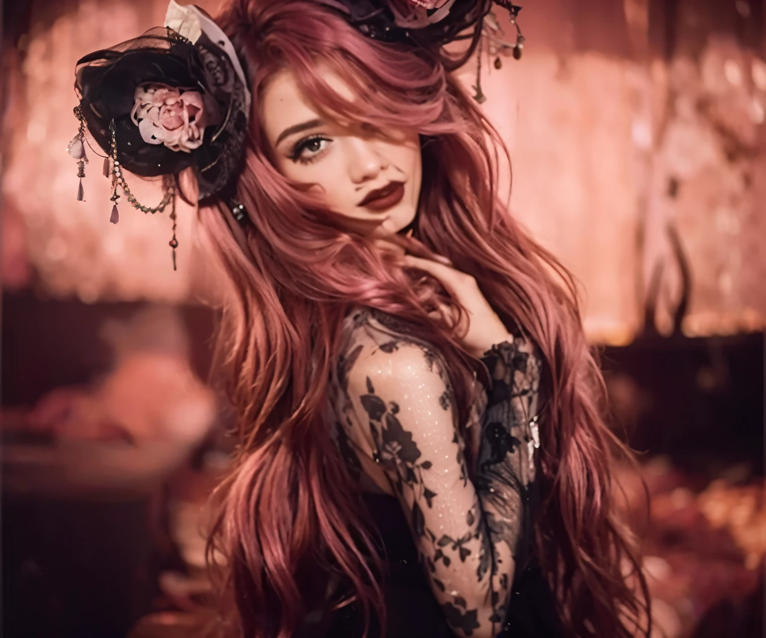 A young woman similar to the image but with pink hair