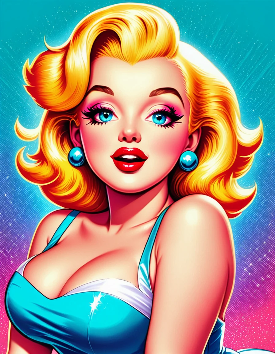 A vintage pin-up illustration of Marilyn Monroe, capturing her iconic beauty with a playful, retro aesthetic and vibrant colors. Hyper-realistic, vibrant colors, 16k