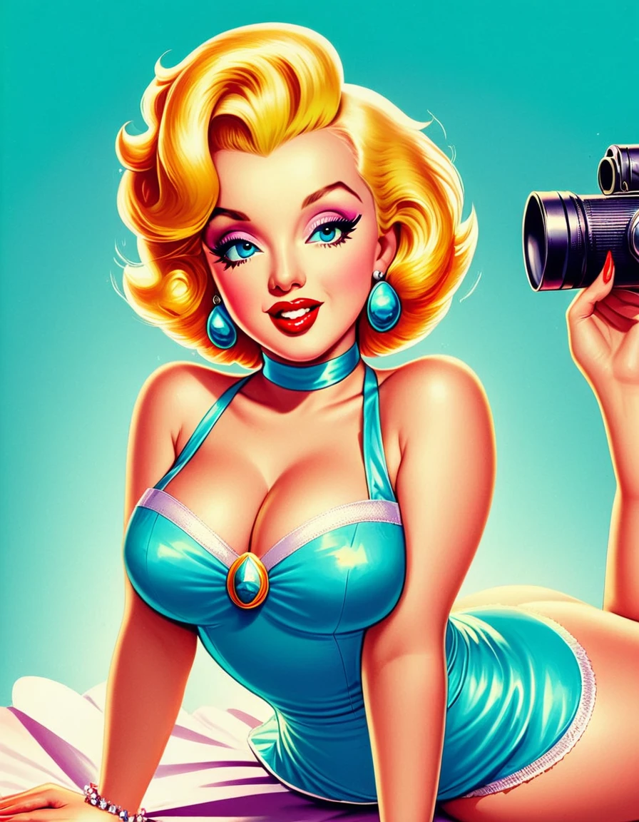 A vintage pin-up illustration of Marilyn Monroe, capturing her iconic beauty with a playful, retro aesthetic and vibrant colors. Hyper-realistic, vibrant colors, 16k