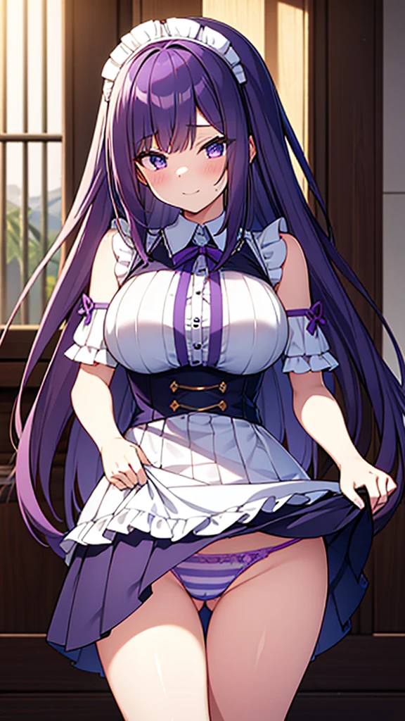 最high quality, high quality, Super detailed, 16K, Ultra-detailed details, pretty girl, alone, beautiful purple hair, Beautiful purple eyes, Big Breasts, A light smile, Summer clothes, Summer Maid clothes, I'm lifting my skirt, Blue and white color striped underwear(Showing her underwear under her skirt), My crotch is wet with love juice, {{A succubus who falls in love with a man steals the facial skin of the girl he loves, transforms her face into that of a girl, and serves the man as a maid.}}, Full body image, NSFW