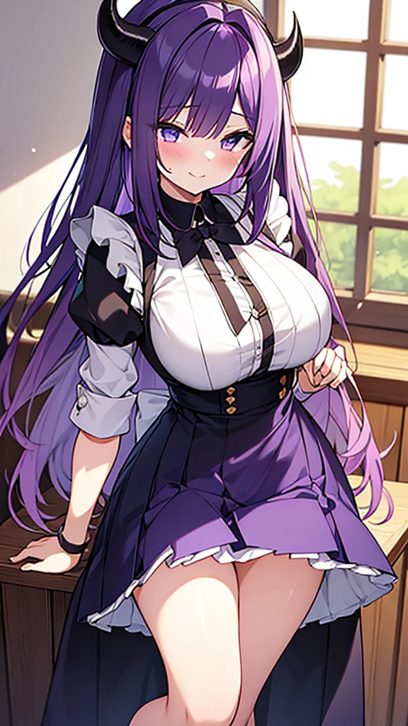 最high quality, high quality, Super detailed, 16K, Ultra-detailed details, pretty girl, alone, beautiful purple hair, Beautiful purple eyes, Big Breasts, A light smile, Summer clothes, Summer Maid clothes, I'm lifting my skirt, Blue and white color striped underwear(Showing her underwear under her skirt), My crotch is wet with love juice, {{A succubus who falls in love with a man steals the facial skin of the girl he loves, transforms her face into that of a girl, and serves the man as a maid.}}, Full body image, NSFW