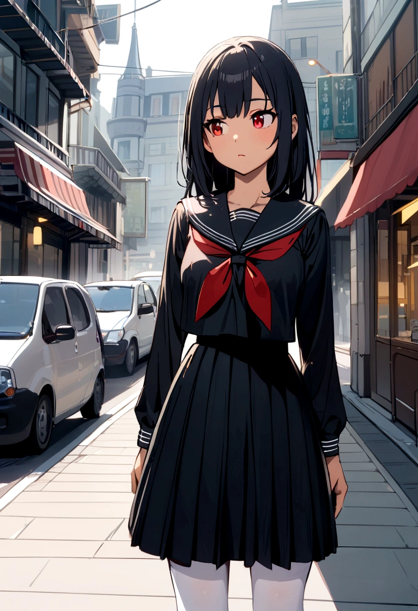 a girl with long black hair, light skin, red eyes, medium sized tits wearing a black sailor fuku and white stockings while standing in the middle of the city. 