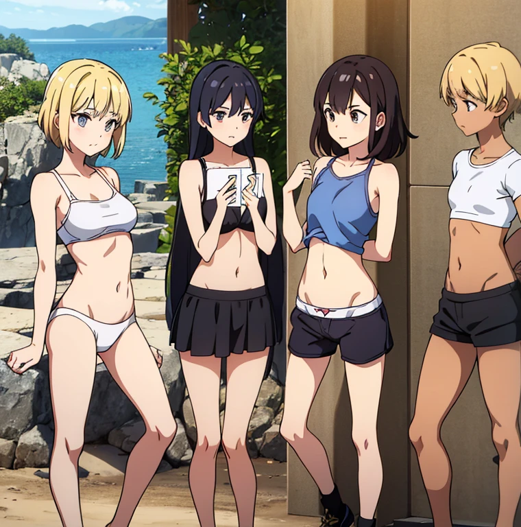 a girl crouches on a rock near the water in front of her navel flat chest, the back view of a lady in tight panties on her phone device and showing off her back, four pictures with different expressions in the same drawing style each shows one woman and two other girls, a few cartoon images of the same female character that i'm not sure what this is, a young girl touching her stomach and her breasts, a collection of sketches of several women, two pages show a woman in underwear next to another girl wearing a thongy panties