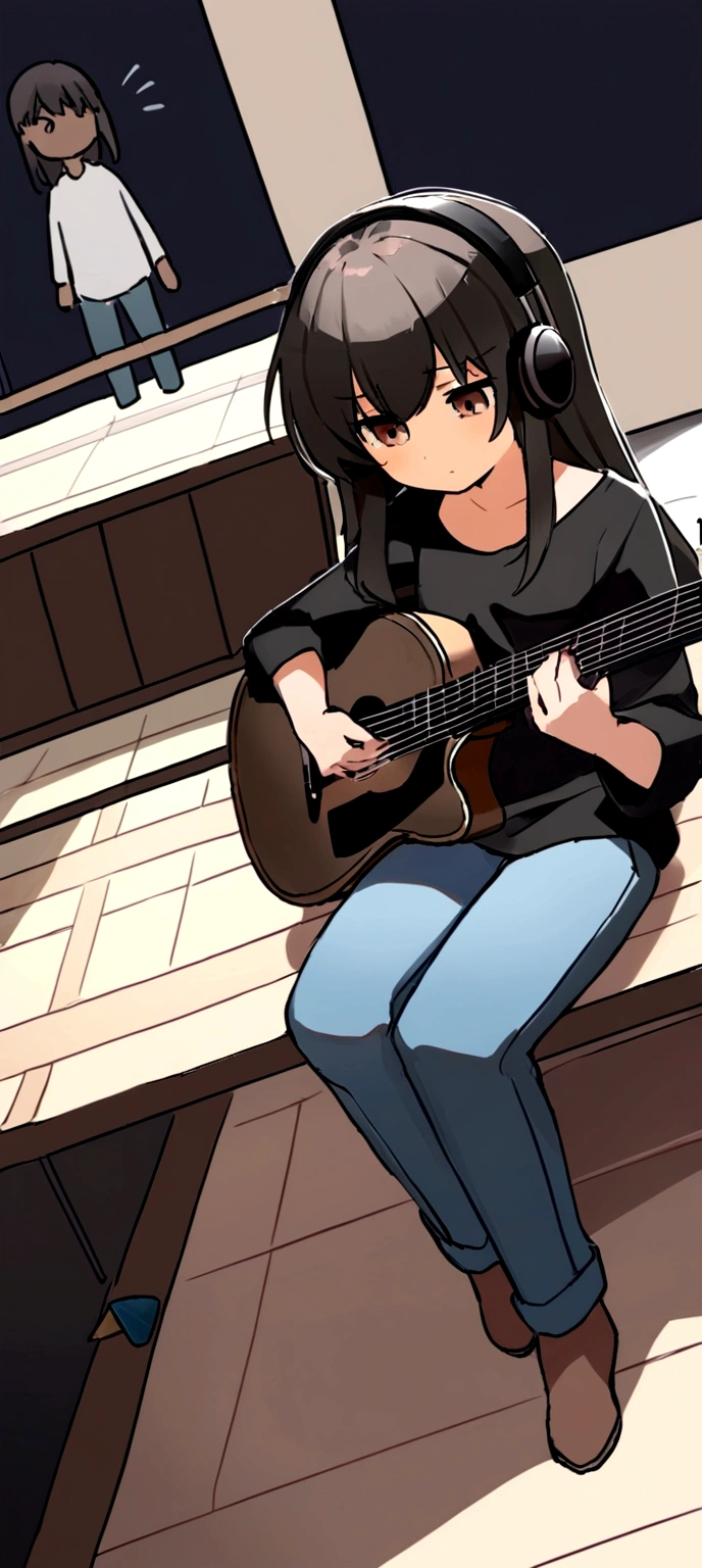 (work of art, maximum quality) 1 girl,13 year old , musical instrument shop, alone , black blouse , brown dark eyes , holding a giaannini guitar ,black headphones, sit down, containment, guitar pick, instrument, long hair, music , jeans, hinterland , com objetos de アニメs, dynamic angle , not a room , Bblack hair , アニメ ,  brown skin, wavy hair  , without bangs ,