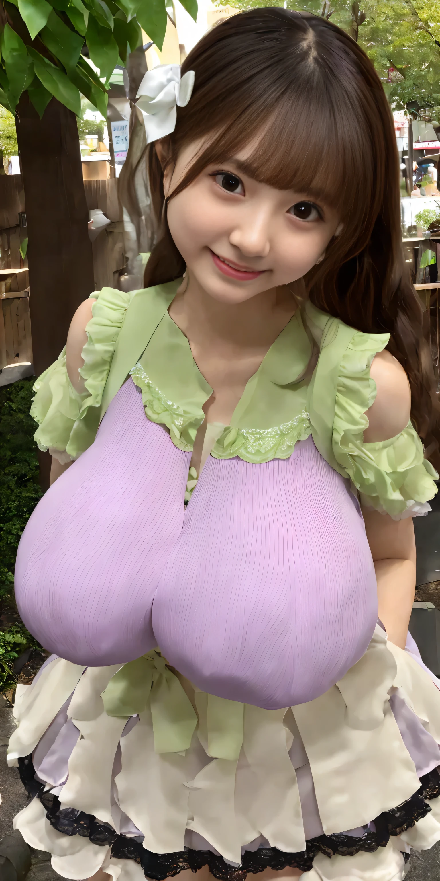 (Realistic:1.3), finely, quality, Rembrandt Lighting, (Tabletop:1.2), (Realistic:1.2), (highest quality), (Fine skin:1.3), (complex詳細), dramatic, Ray Tracing, 1 Girl, Japanese Girls, 32 years old、Big eyes、((Deep double eyelids:1.25)), Cute duck lips, smile, Twin tail hair, Twin Loop Hair, Parted bangs, 42 years old, Very large and ample breasts, jirai fashion, Gothic ta fashion with a green theme、Short dress, Frills, Race, ribbon, complex, (Tokyo Street, harajuku, May, sunny day), Browsing Caution, (height: 148cm), ((((Very accurate and correct anatomy)))), Raw quality