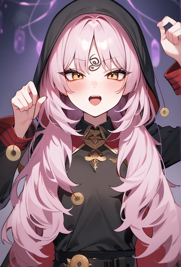 Highest quality,masterpiece,Chibi Character,1girl,独奏,Wearing a black hood,hypnosis, mind control,looking at viewer,  hand up, coin on string, Close-up,Silver Hair, gold,Open your mouth,Hypnosis