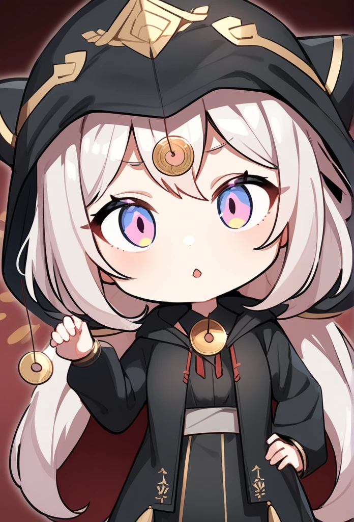 Highest quality,masterpiece,Chibi Character,1girl,独奏,Wearing a black hood,hypnosis, mind control,looking at viewer,  hand up, coin on string, Close-up,Silver Hair, gold,Open your mouth,Hypnosis