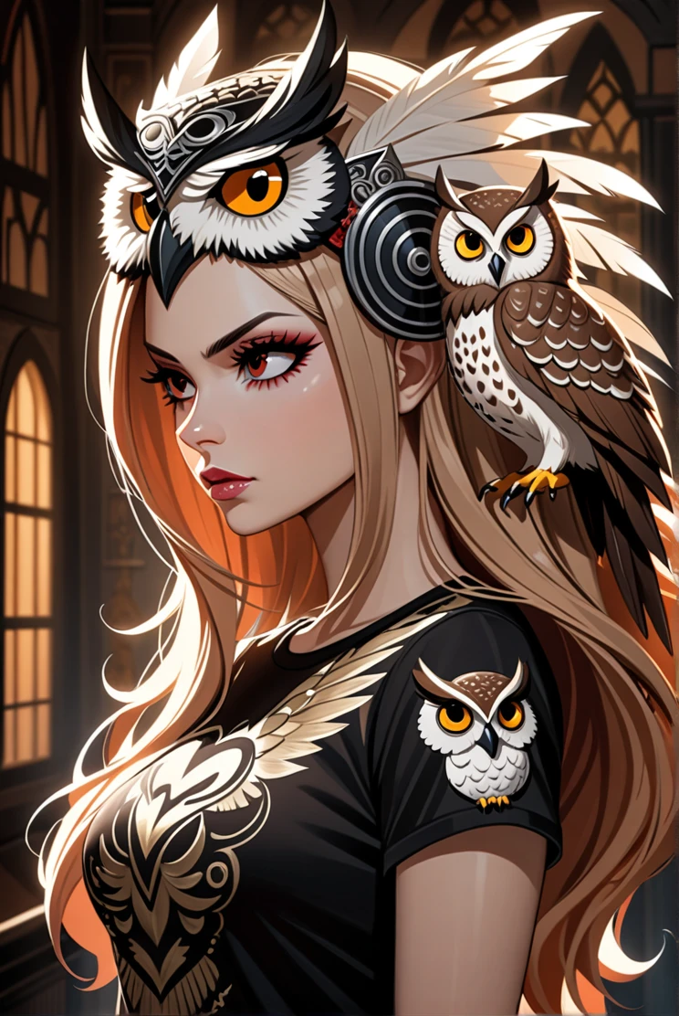 3/4 view, Woman Vegeta + Avril Lavigne sexy big ass wearing an (owl headdress), looking away, [Surrealism | Pop Surrealism | Lowbrow Art], [Photography | Digital Painting], in the style of [Brian Viveros | Mark Ryden | Audrey Kawasaki], [rich colors | intricate details], inspired by [Film Noir | Gothic Fashion] t shirt red sexy decote melancholic woman with intense eyes, wearing a detailed and realistic owl headdress, dramatic shadows, intricate feather textures, high contrast, mysterious atmosphere, fine detailing, soft focus, 8k, trending on ArtStation. by Satori Canton🧸