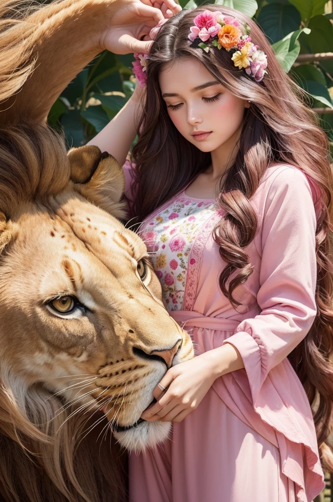 colorful illustration of a woman with long wavy hair, wearing a pink outfit adorned with flowers. She is stroking the head of a lion who appears to be calm and serene. Ao redor deles, there are colorful flowers.