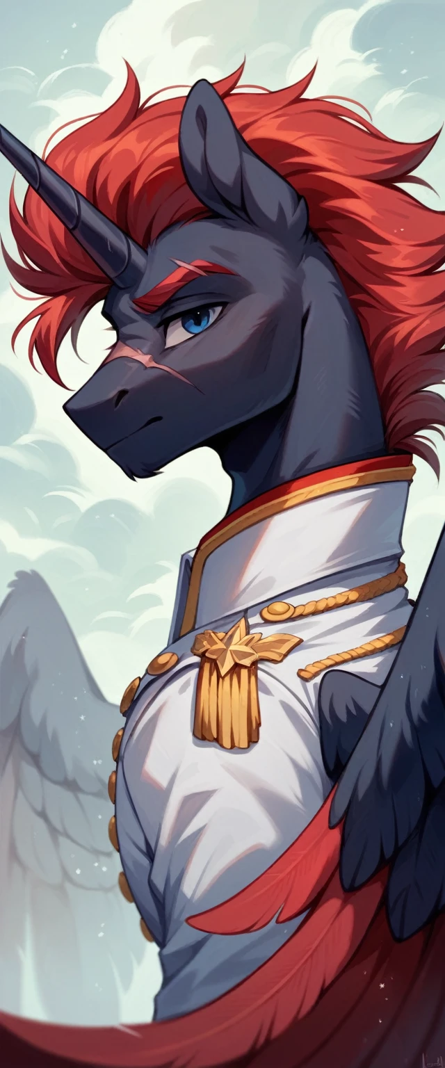 Male alicorn pony, sfw, black fur, dark blue eyes, red stripes, long flowing red hair and tail, scar over left eye, red feathers on wings, thunderstorm butt mark, standing proud, white navy admirals uniform, facing viewer, close-up portrait