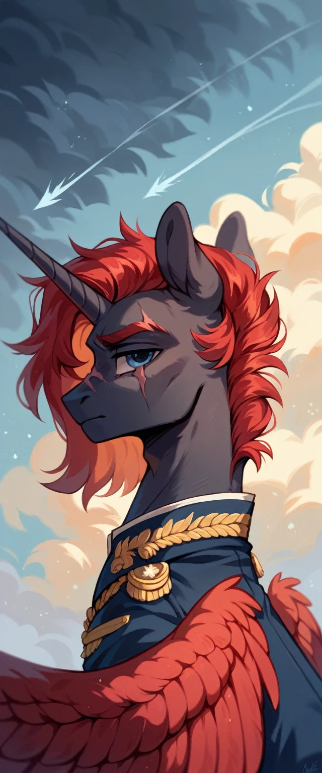 Male alicorn pony, sfw, black fur, dark blue eyes, red stripes, long flowing red hair and tail, scar over left eye, red feathers on wings, thunderstorm mark, standing proud, white navy admirals uniform, facing viewer, close-up portrait
