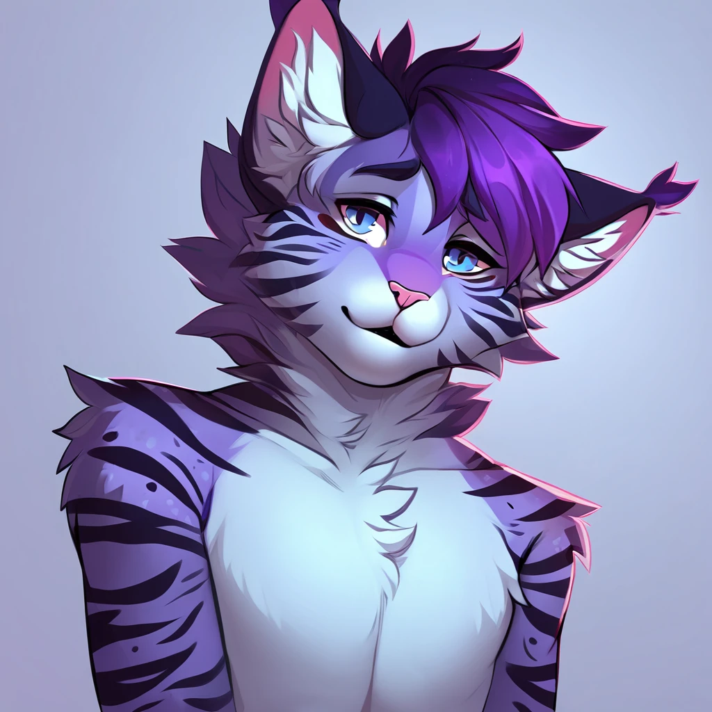 adult, feline, mammal, anthro, anthromorphic, cat, striped, fur, furred_anthro, femboy, male, dark_blue, ear_tufts, paws, hair_tuft, hair_between_eyes, long_tail, fluffy, expressive_eyes, purple_hair, light, galaxy_fur, looking_at_viewer, light_blue_chest, shy, small_pupils, spotted_pattern, stripes, digital_art, high_resolution, high_res, background shy, head_visible, neck_visible, profile_picture, seductive_face, white_outline, angry_expression