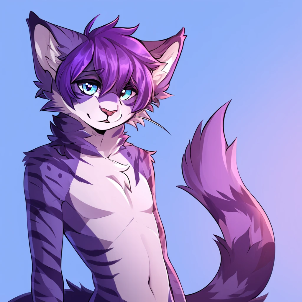 Furry male, ((male focus)), (((purple fur))), (purple hair), furry, one fang, ((medium hair)), furry, fluff, fluffy, thuft, disheveled, cheeks fluff, <3 eyes, ((super fluffy)), (upper body), ((shoulder fluff)), ((shoulder tuft)), thicc thighs, teasing face, hair accessories, hair ornaments, neck fur, neck fluff, by emolga, by meesh, ((eyeliner)), eyeshadow, ((eyelashes)), wavy hair, hair over shoulder, hair over eye, (((solo focus))), smile, sharp teeth, by kenket, (((chest fluff))), lynx, nipples,