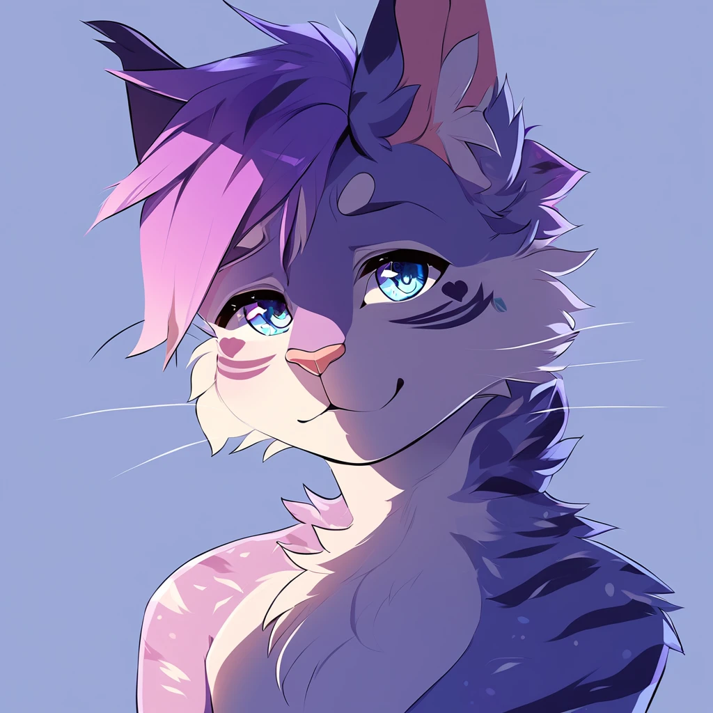 adult, feline, mammal, anthro, anthromorphic, cat, striped, fur, furred_anthro, femboy, male, dark_blue, ear_tufts, paws, hair_tuft, hair_between_eyes, long_tail, fluffy, expressive_eyes, purple_hair, light, galaxy_fur, looking_at_viewer, light_blue_chest, shy, small_pupils, spotted_pattern, stripes, digital_art, high_resolution, high_res, background shy, head_visible, neck_visible, profile_picture, seductive_face

