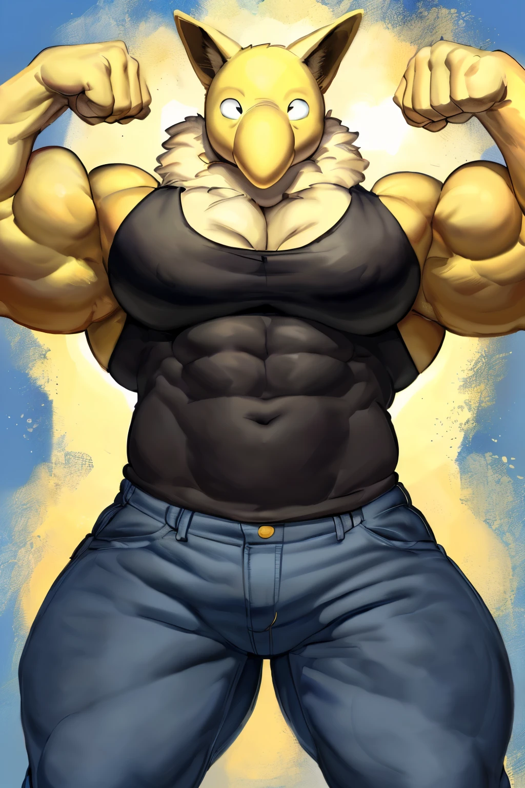 Furry, Anthro, solo, Hypno, Male, (((muscular body, massive thighs, massive male pectorals, fluffy neck))), ((((massive biceps, wide-eyed, flexing, facing viewer)))), ((((((massive bulky torso)))))), (((wearing jeans, wearing grey tanktop))), black/yellow spraypainted background, by buta99, by meesh, (((digital painting)))