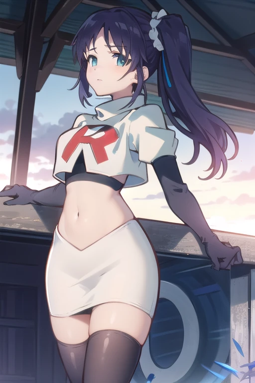 1girl,solo,outdoor,
 aatisaki,blue_hair,blue_eyes,side_ponytail,team rocket,team rocket uniform,white skirt,red letter R,crop top,black thigh-highs,black elbow gloves