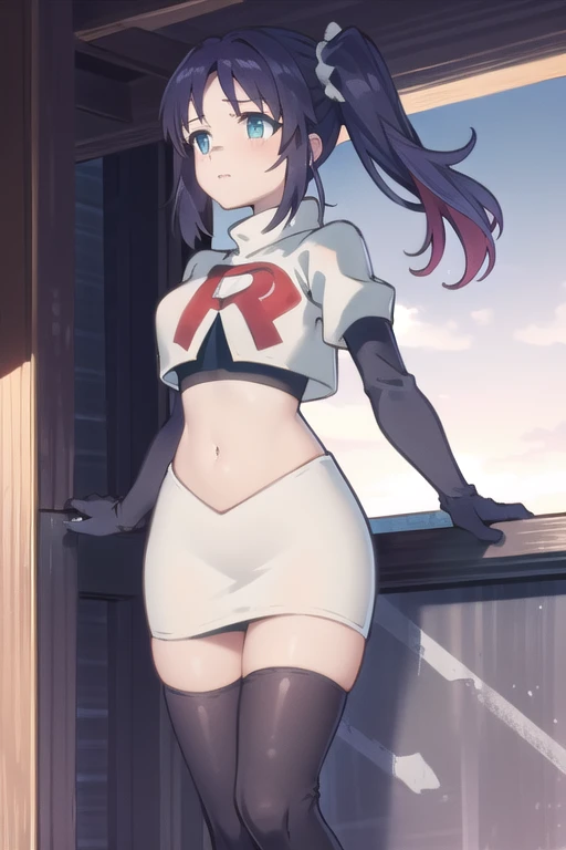 1girl,solo,outdoor,
 aatisaki,blue_hair,blue_eyes,side_ponytail,team rocket,team rocket uniform,white skirt,red letter R,crop top,black thigh-highs,black elbow gloves