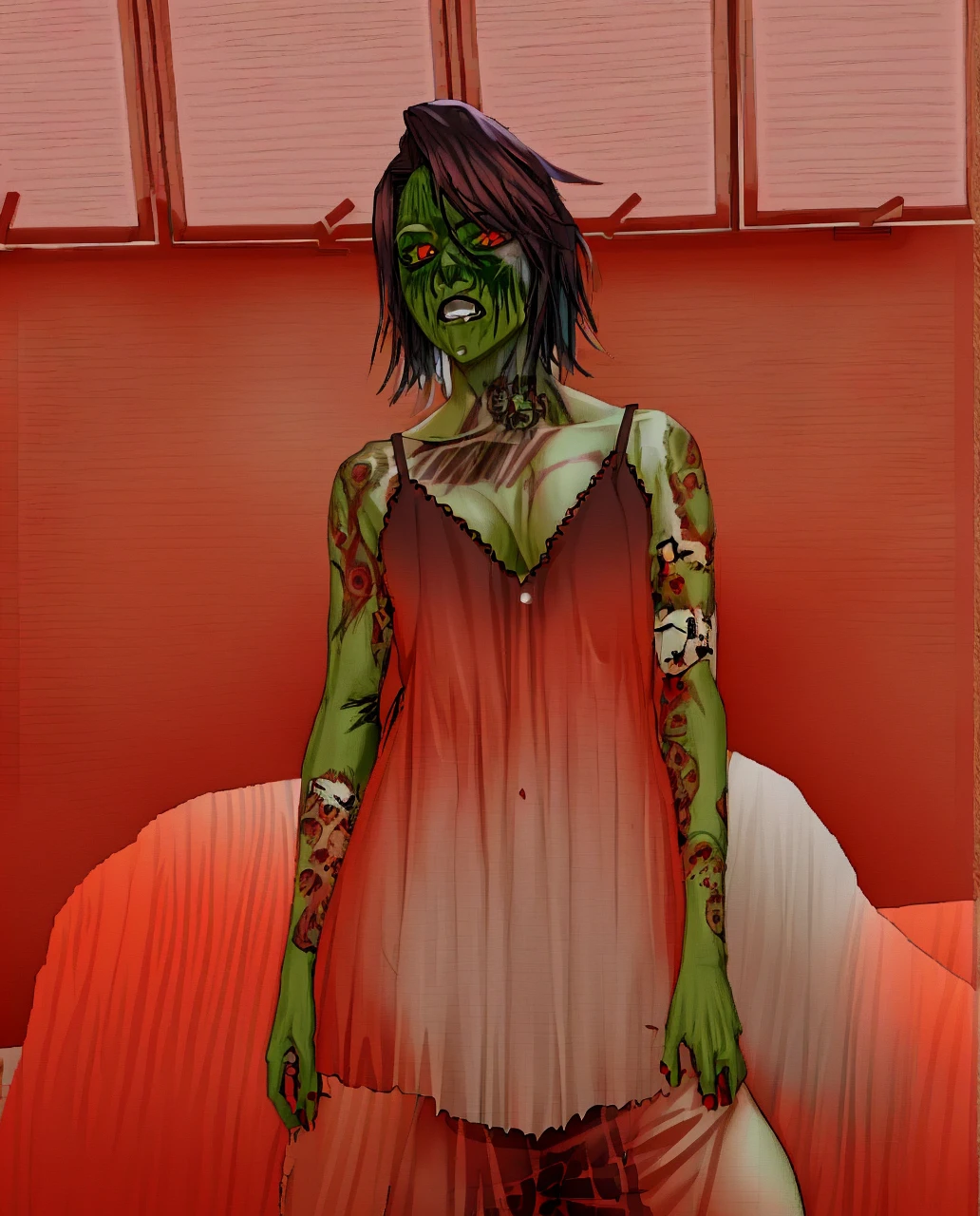 Hentai, gangbang, grotescous and exagerated. A zombie fucking a little ladie.