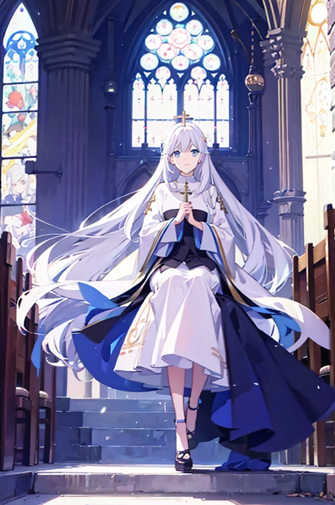 1girl, white hair, solo focus, clearly, blue eyes, very long hair, stole, priest, Bishojo, church